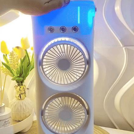 Ventilador Doble con Spray Refrescante