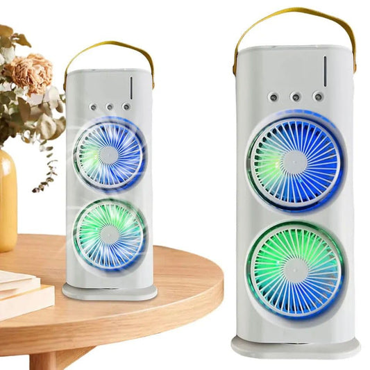 Ventilador Doble con Spray Refrescante